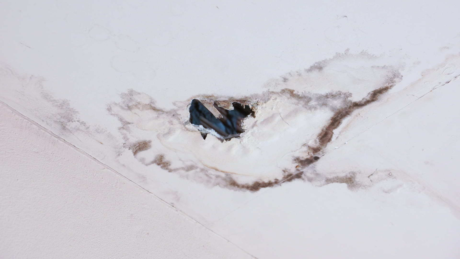 image of a hole in a ceiling created by a roof leak